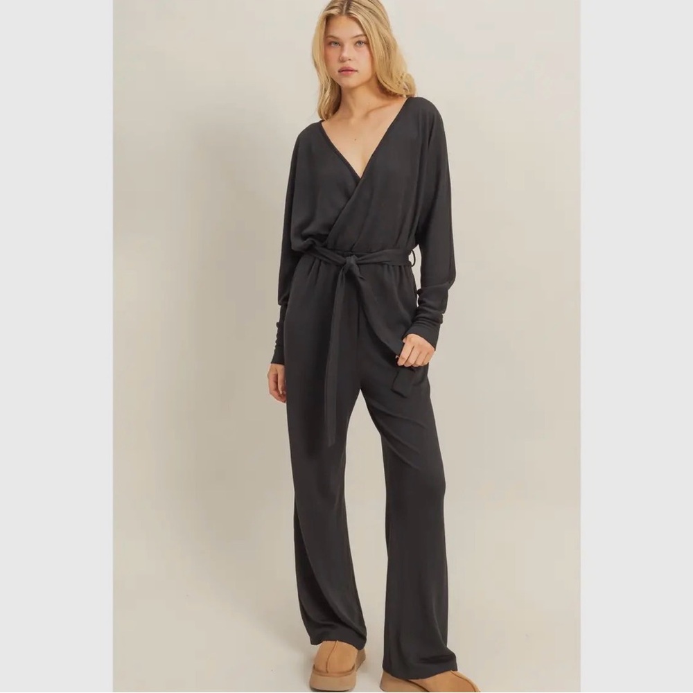 NWT Surplice Tie-Belt Knit Lightweight Black Jumpsuit
